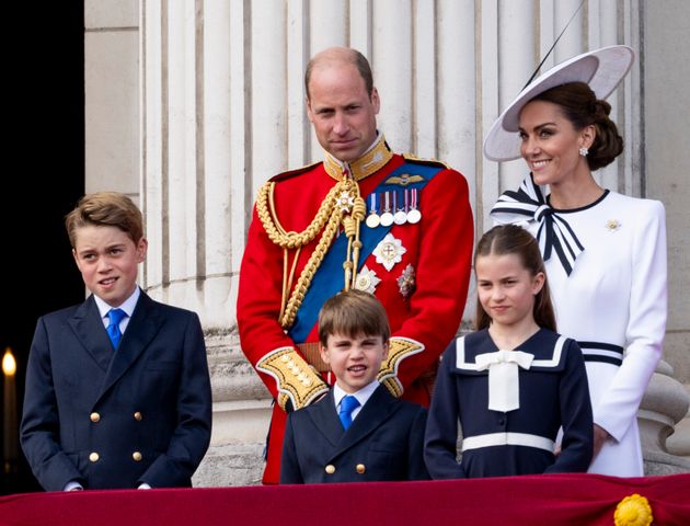 「トゥルーピング・ザ・カラー」に参加した、イギリス王室のウィリアム皇太子、キャサリン妃、ジョージ王子、シャーロット王子、ルイ王子（2024年6月15日）