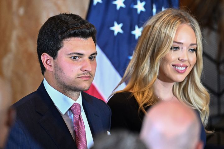 Tiffany Trump and her husband Michael Boulos attend former U.S. President Donald Trump's press conference following his court appearance over a hush-money payment, at his Mar-a-Lago estate in Palm Beach, Florida, on April 4, 2023. 
