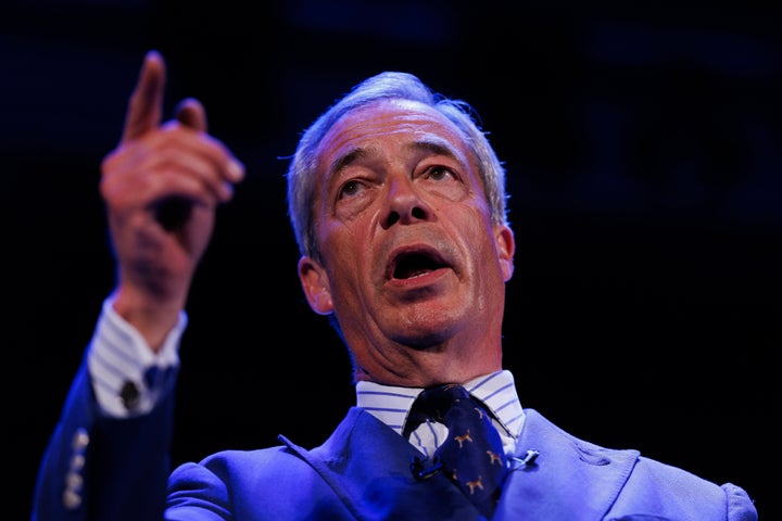 The Reform Party's Nigel Farage speaks to an audience at Princes Theatre on Tuesday, June 18, 2024, in Clacton-on-Sea, England.