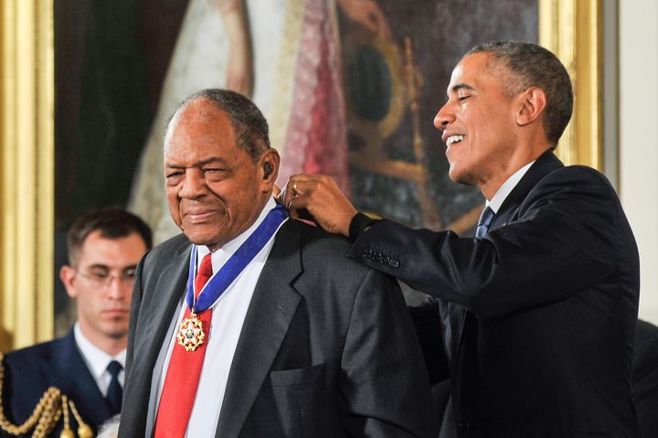 Then-President Barack Obama presents Willie Mays with the Presidential Medal of Freedom at the White House on Nov. 24, 2015, in Washington, D.C.