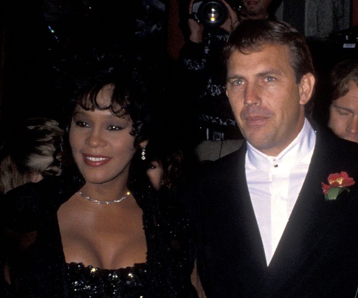 Whitney Houston and Kevin Costner at the Los Angeles premiere of "The Bodyguard" in 1992. 