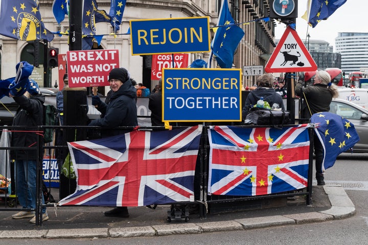 Pro-EU demonstrators protest outside Parliament.