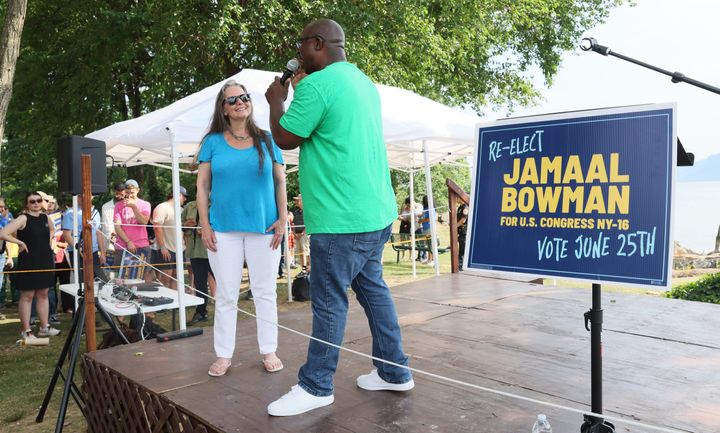 Rep. Jamaal Bowman welcomes Hastings-on-Hudson Mayor Niki Armacost onstage. Armacost, the only mayor in the district backing Bowman, faced an Israel-related challenge in November.