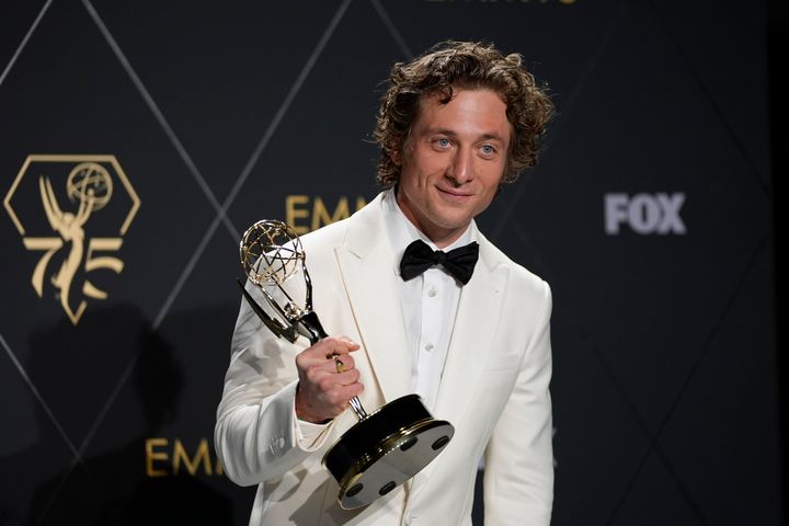 Jeremy Allen White celebrating his win at the 2024 Emmys back in January