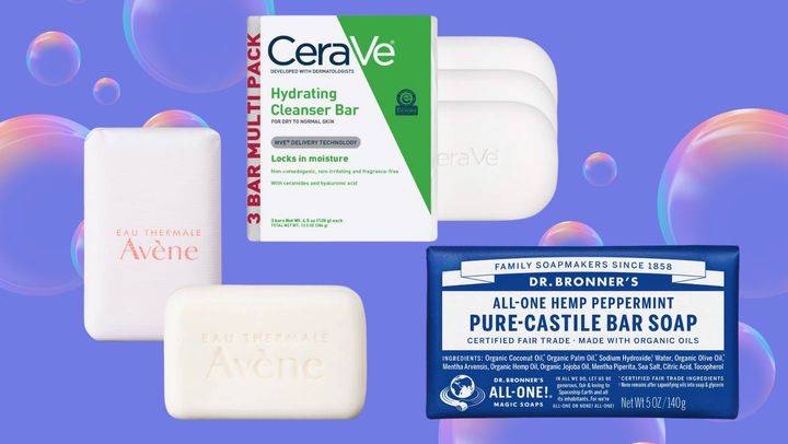 Avène XeraCalm A.D Ultra-Rich cleansing bar, CeraVe hydrating cleanser bar and Dr. Bronner's Pure-Castile bar soap.