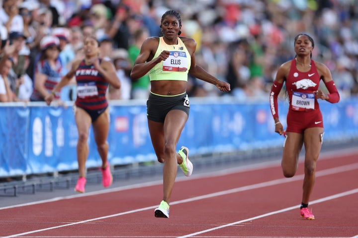 Kendall Ellis is on the way to victory in the women's 400.