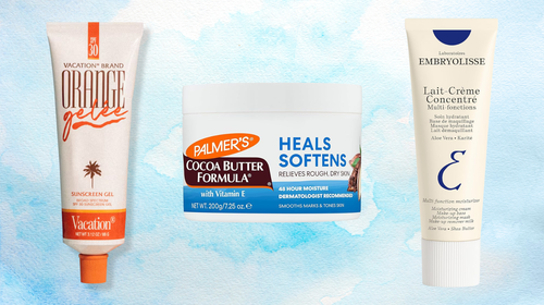 Vacation orange gelée sunscreen, Palmer's cocoa butter and Embryolisse moisturizer