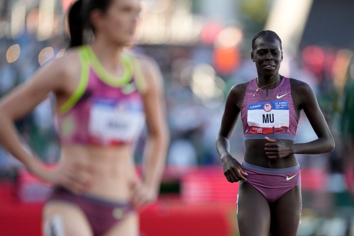 Athing Mu in last place after falling in the women's 800-meter final. 