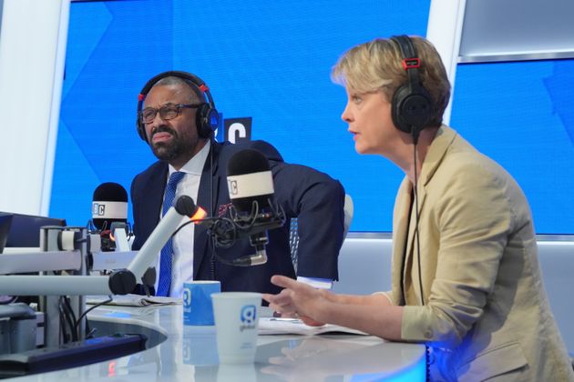 Home Secretary James Cleverly (left) and shadow home secretary Yvette Cooper take part in a live immigration debate on LBC's Nick Ferrari at Breakfast at Global Studios in Leicester Square, London