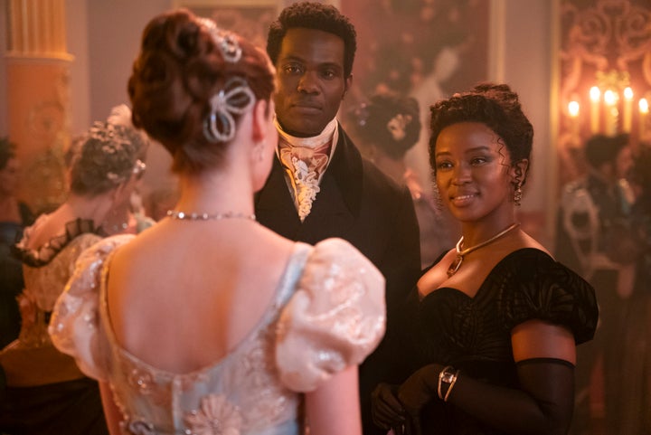 Hannah Dodd as Francesca Bridgerton, Victor Alli as John Stirling, Masali Baduza as Michaela in the Season 3 finale of "Bridgerton."