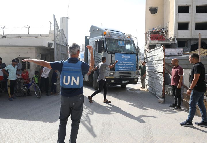 Trucks carrying medicine and medical supplies delivered by the World Health Organization arrive at the al-Ahli Baptist Hospital with guidance from a United Nations official in Gaza City, Gaza, on June 23, 2024.