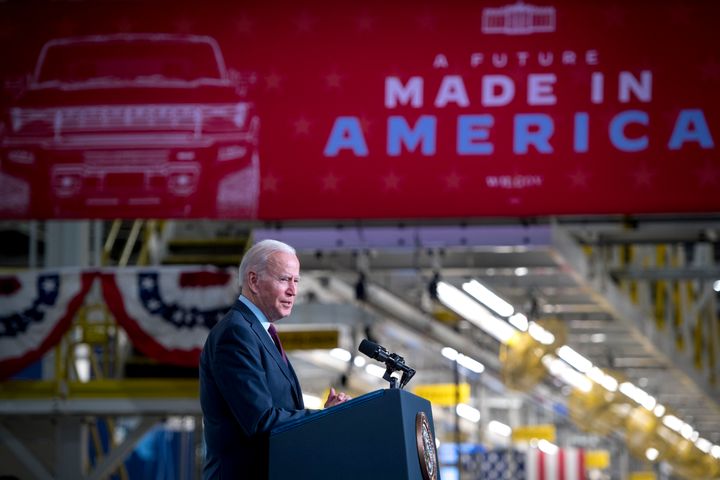 President Joe Biden speaks at General Motors' Factory Zero electric vehicle assembly plant on Nov. 17, 2021, in Detroit. Biden touted the benefits of the infrastructure bill he signed two days earlier, which would add electric vehicle charging stations around the country as part of its $1 trillion allocation.