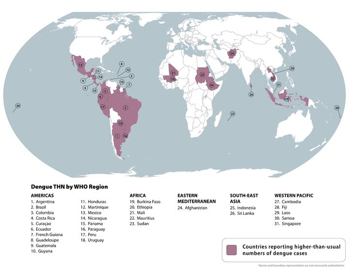 Countries reporting higher-than-usual number of dengue cases.