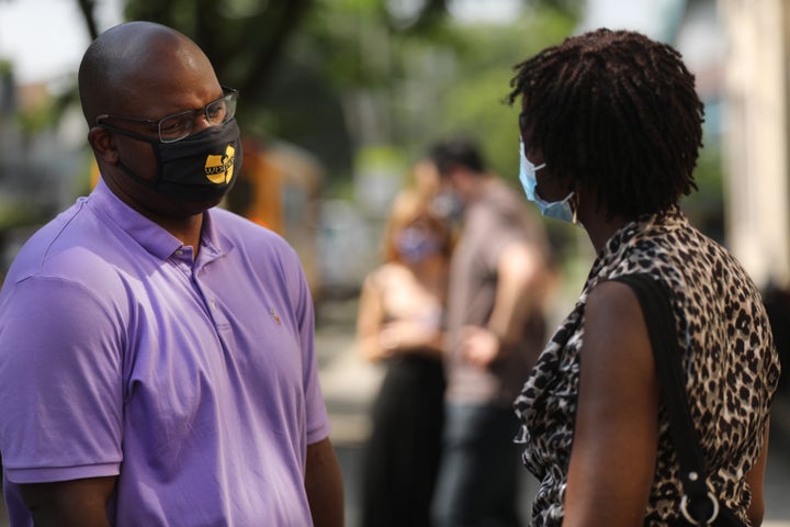 Bowman meets with voters at a school in Mount Vernon, New York, on June 23, 2020. His presence in the district was key to his win over then-Rep. Eliot Engel (D-N.Y.).