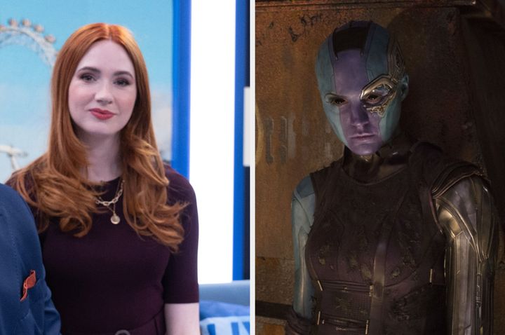Karen Gillan in Douglas Is Cancelled (left) and Guardians Of The Galaxy, vol. 2 (right)