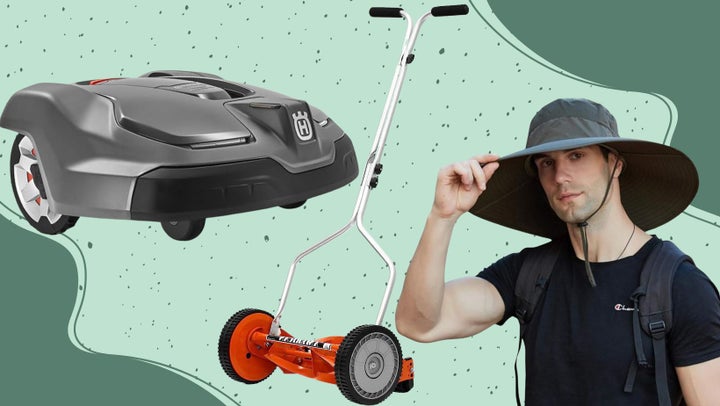 A robot lawn mower, a maximum-maneuver push mower and wide-brimmed UPF sun hat. 