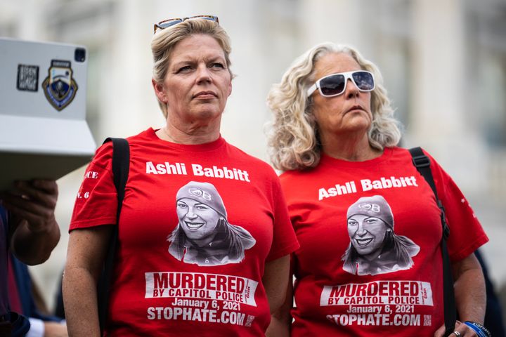 Micki Witthoeft (right), the mother of Ashli Babbitt, who was killed by Capitol Police on Jan. 6, 2021, and Nicole Reffitt, the wife of convicted rioter Guy Reffitt, attend a Sept. 12, 2023, news conference at the U.S. Capitol with members of the House Freedom.