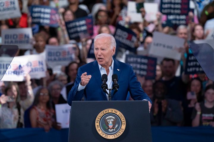 U.S. President Joe Biden speaks during a campaign rally after the debate on June 28, 2024 in Raleigh, North Carolina.  (Photo by Allison Joyce/Getty Images)