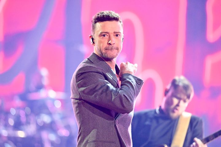 Justin Timberlake performs at the 2024 iHeartRadio Music Awards in April. He poked fun at his recent arrest during a Boston concert on Saturday.