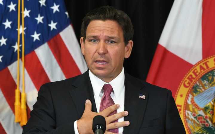 Florida Gov. Ron DeSantis speaks at a press conference this April. He sent shockwaves through the Sunshine State's art community after vetoing $32 million in funding already approved by the state's legislators.