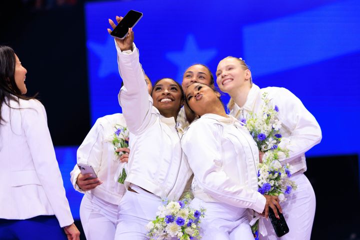 The crew takes a selfie after being named to Team USA for the 2024 Paris Olympics.