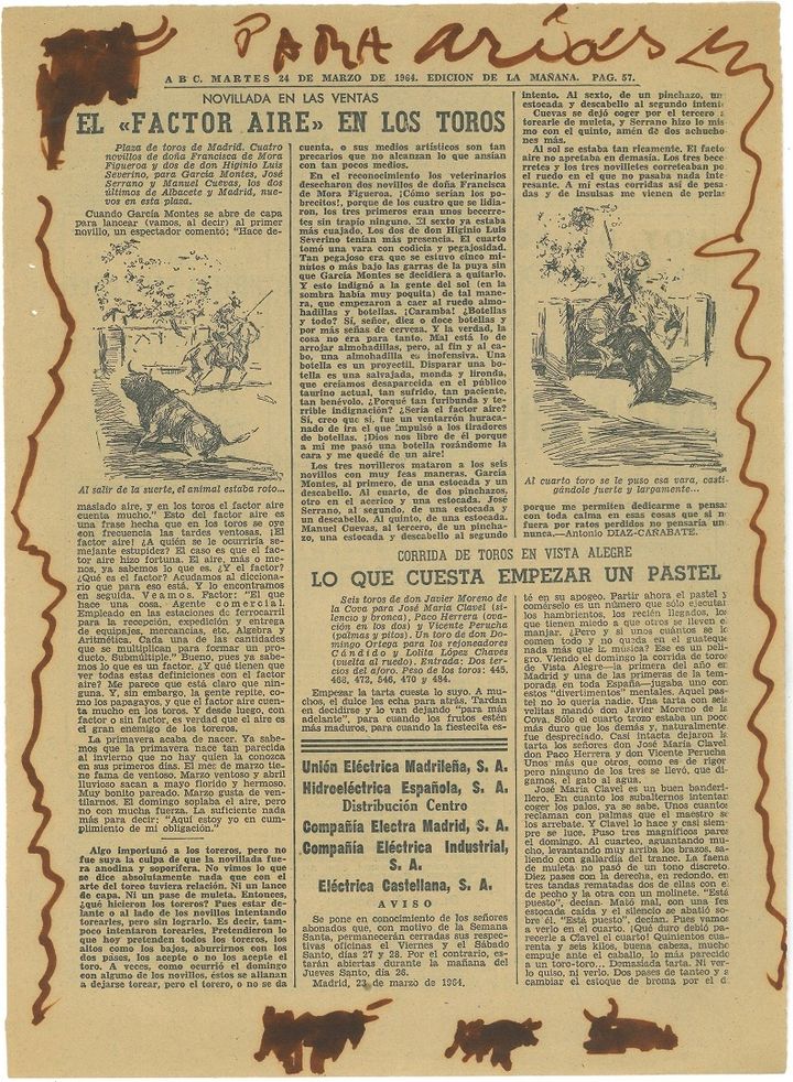 Προφίλ ταύρου και τρεις ταύροι Mougins, πιθανότατα τέλη Μαρτίου 1964 Μαρκαδόρος σε εφημερίδα 32 x 23 εκ. Στο άνω περιθώριο, «PARA Arias»