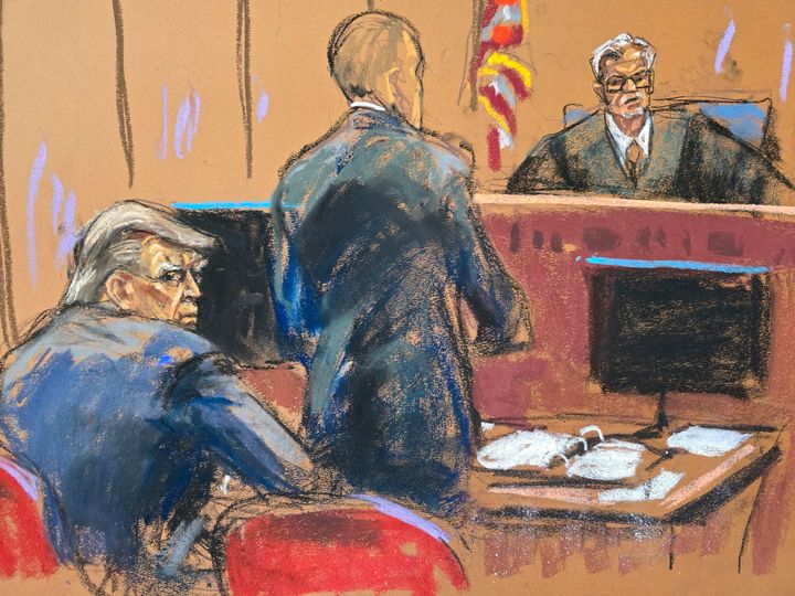 Donald Trump seen in Manhattan state court in New York in April 2024 in a courtroom sketch. (Jane Rosenberg via AP, Pool)