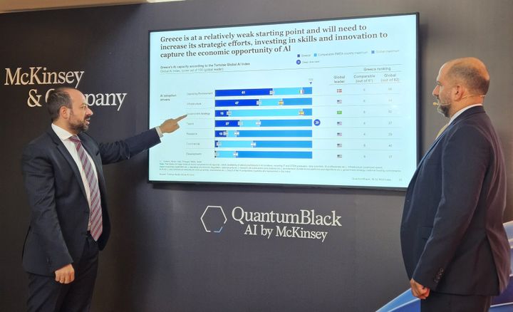 Oι κ.κ. Λευτέρης Χαραλάμπους, managing partner της McKinsey και Χριστόφορος Αναγνωστόπουλος, partner/ Quantum Black AI Lead, κατά την παρουσίαση