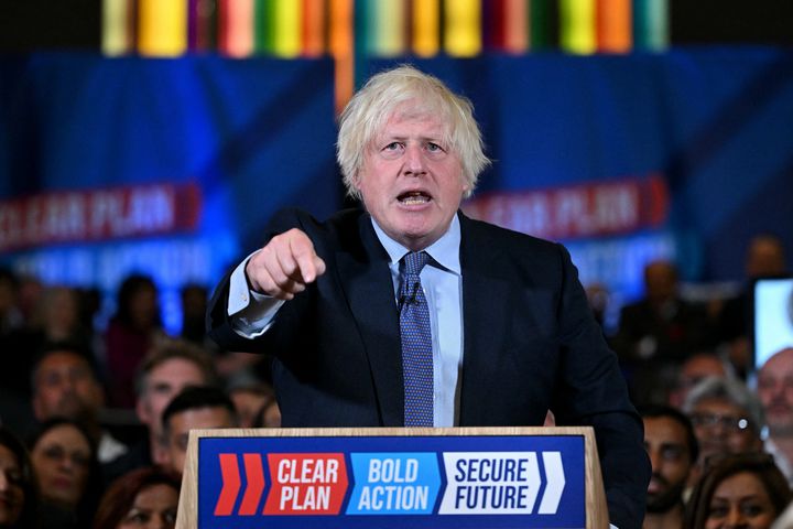 Former British prime minister Boris Johnson addresses Conservative Party supporters at the National Army Museum in London on July 2, 2024.