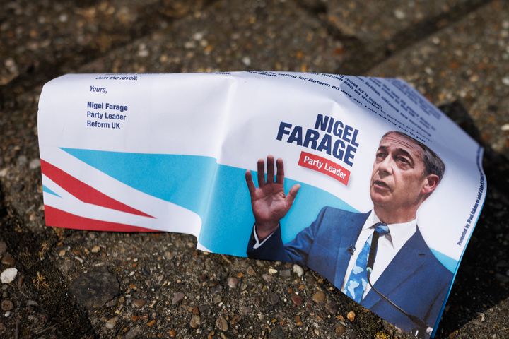 A piece of discarded election material for Nigel Farage's Reform party