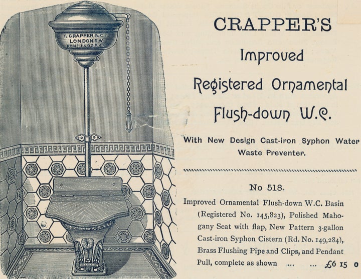 (Αρχική λεζάντα) Crapper's Improved Registered Ornamental Flush-down W.C. με νέο σχεδιασμό χυτοσιδηρού συφόρου αποτροπής αποβλήτων νερού..