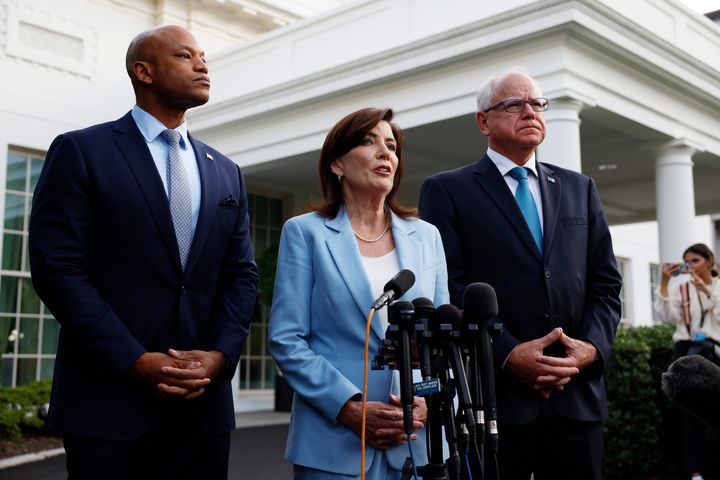 WASHINGTON, DC - JULY 03: (L-R) Governors Wes Moore of Maryland, Kathy Hochul of New York and Tim Walz of Minnesota speak to reporters after a meeting with U.S. President Joe Biden at the White House on July 03, 2024 in Washington, DC. Biden met with all of the nation's Democratic governors, virtually or in person, in an effort to shore up support following his performance in the first presidential debate against Donald Trump. (Photo by Anna Moneymaker/Getty Images)