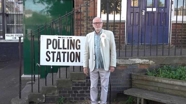 Screen grab taken from PA Video of Jeremy Corbyn outside the Pakeman School polling station in Islington, north London, after casting his vote.