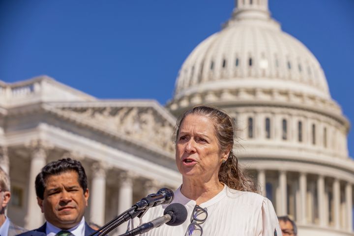 WASHINGTON, DC - APRIL 18: Abigail Disney speaks during a press conference outside the US Capitol on April 18, 2023 in Washington, DC. (Photo by Tasos Katopodis/Getty Images for Patriotic Millionaires)