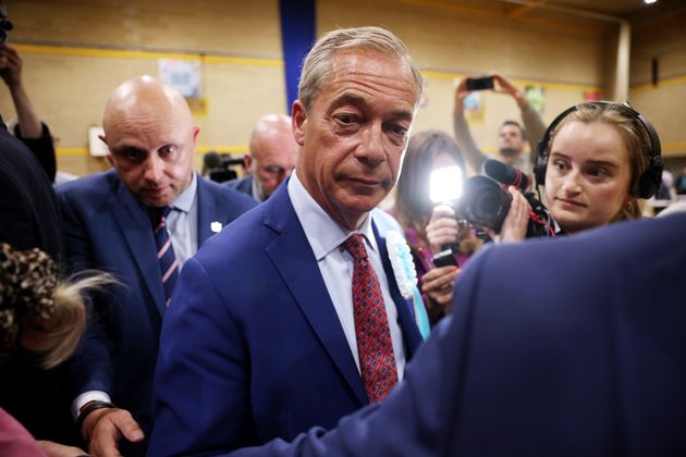 Reform UK leader Nigel Farage reacts after winning the Clacton and Harwich constituency on July 5, 2024 in Clacton-on-Sea, England