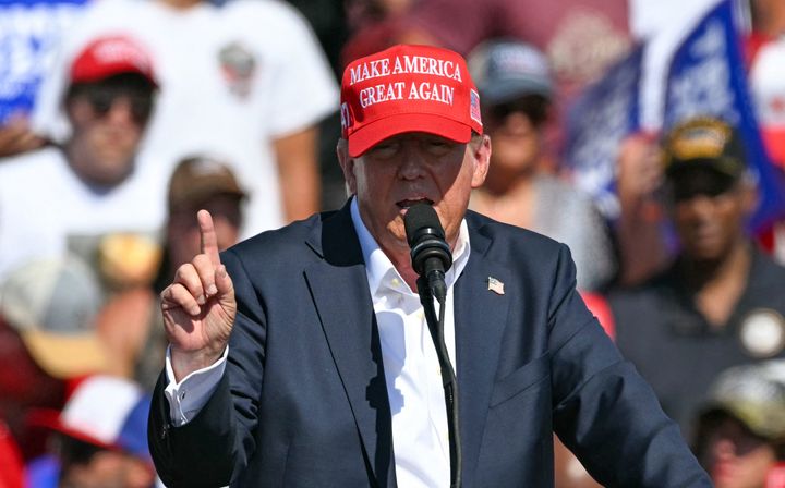 Former US President and Republican presidential candidate Donald Trump speaks during a campaign rally at the Historic Greenbrier Farms in Chesapeake, Virginia, on July 28, 2024.