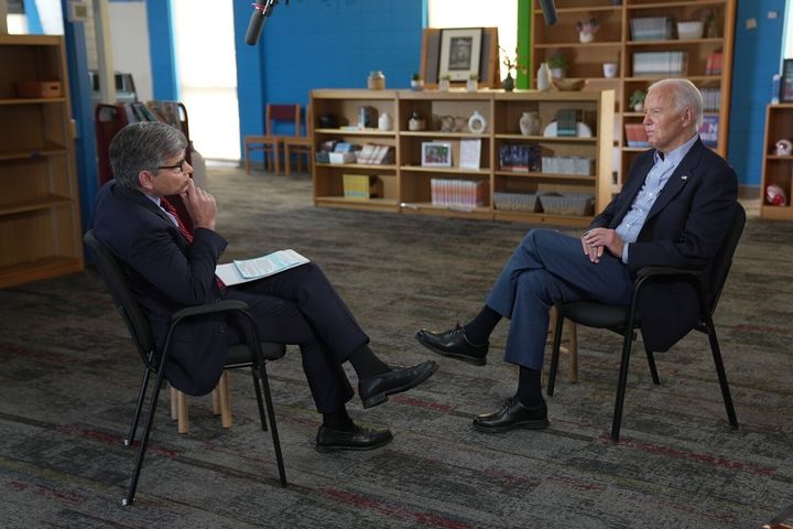 In this photo provided by ABC, President Joe Biden speaks Friday with "This Week" anchor George Stephanopoulos in Madison, Wisconsin. The president sat down with Stephanopoulos while on the campaign trail in Wisconsin, a few days after a debate with former President Donald Trump.