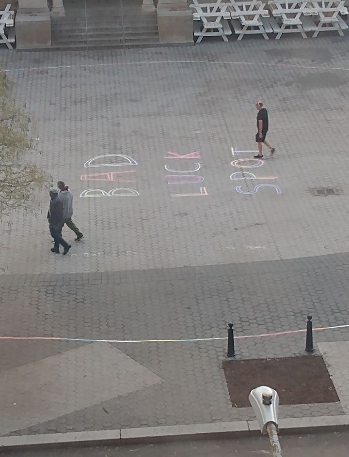 A giant Bad Luck Spot made by Felix Morelo in Union Square Park.