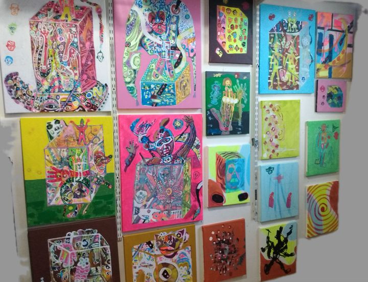 Felix Morelo’s studio in Queens, which includes a wall of his narrative work — aka the “deep cuts” — featuring colorful cubes.