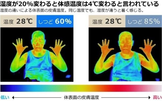 「湿度が20%変わると体感温度は4℃変わると言われている」という説明