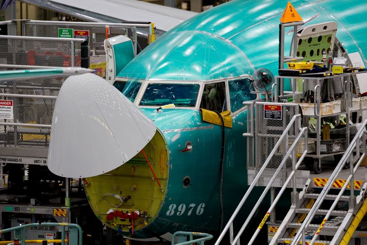 A Boeing 737 MAX aircraft is assembled at the Boeing Renton Factory in Renton, Washington, on June 25, 2024.