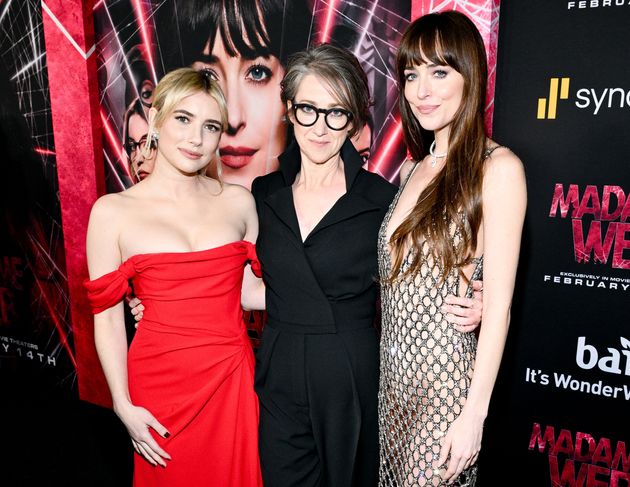 Emma Roberts with S. J. Clarkson and Dakota Johnson at the world premiere of Madame Web in February