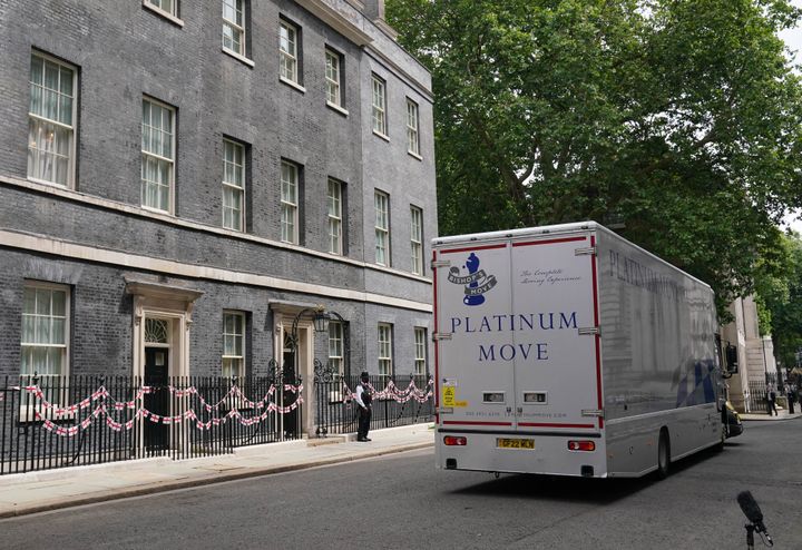 A removal van from Bishop's Move in Downing Street, London, earlier today.