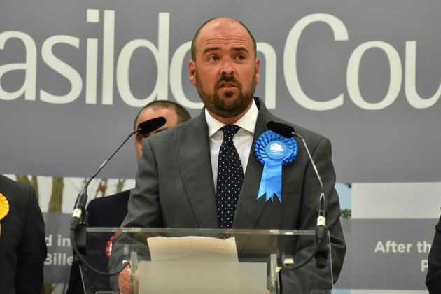 Richard Holden makes a speech after winning in Basildon and Billericay.