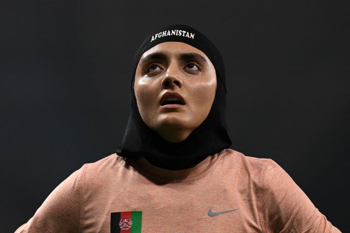 Yousofi reacts after the women's 100m heats athletics event during the 2022 Asian Games in China's Hangzhou.