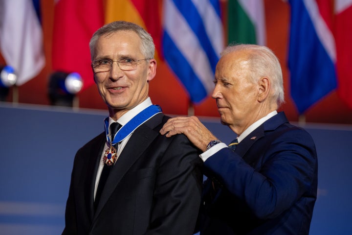 President Joe Biden awards the Presidential Medal of Freedom to NATO Secretary General Jens Stoltenberg on Tuesday at a NATO 75th anniversary event at the Andrew Mellon Auditorium in Washington. NATO leaders are in Washington this week for its annual summit.