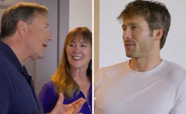 Glen Powell with his parents behind the scenes of Twisters