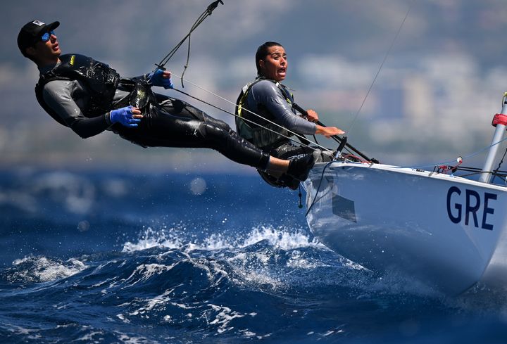 MARSEILLE, FRANCE - JULY 13: Symeon Michalopoulos and Melina Pappa of Greece compete during a Mixed Dinghy Race on Day Five of the Paris 2024 Sailing Test Event at at Marseille Marina on July 13, 2023 in Marseille, France. (Photo by Clive Mason/Getty Images)