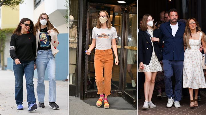 Violet Affleck, with her mother, Jennifer Garner, as well as with her father and stepmother, Ben Affleck and Jennifer Lopez.