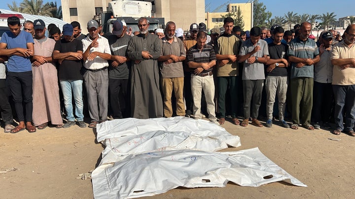 Palestinians hold funeral prayers at Nasser Hospital for those who lost their lives in Israeli attacks on Al-Awda school at the Abasan district in Khan Younis, Gaza on June 10, 2024.